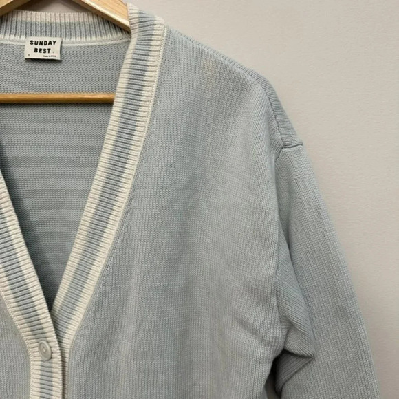 Sunday Best Lamora V-Neck Striped Button Front Cardigan Varsity Style Blue Small - Picture 6 of 16